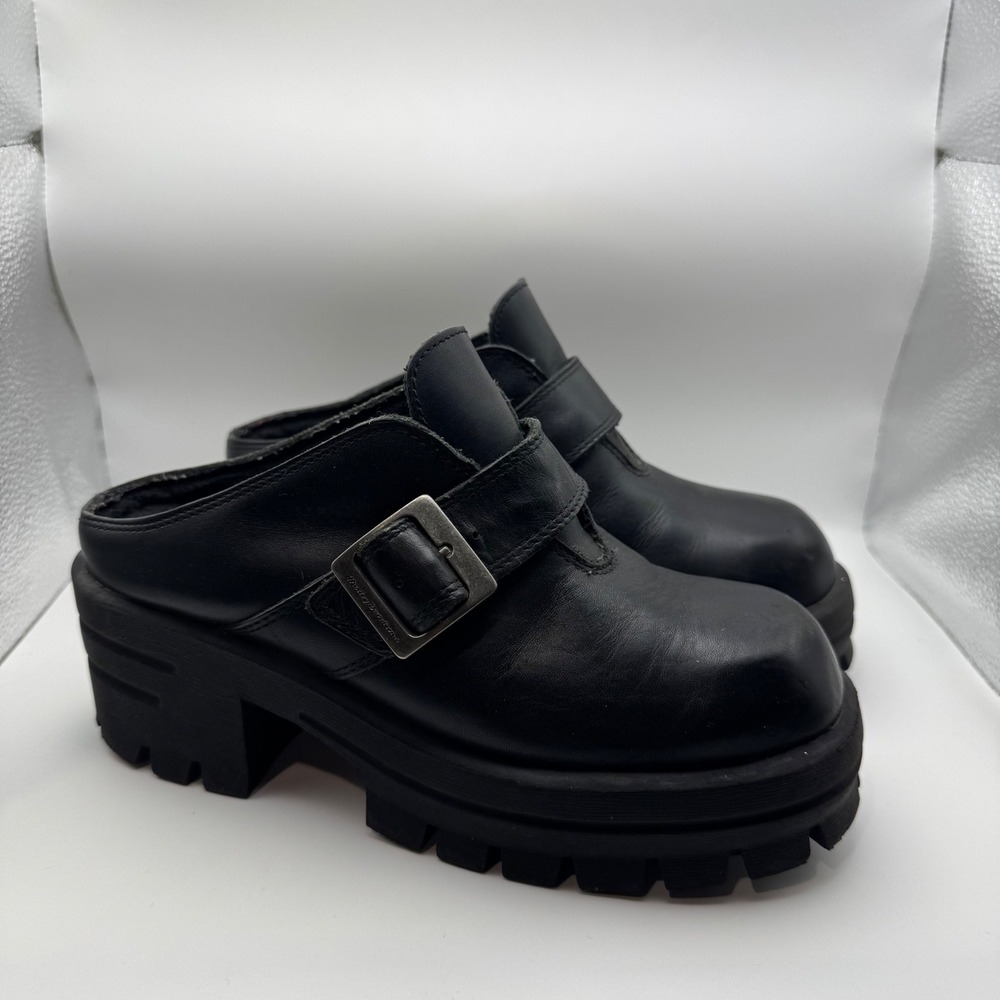 Harley Davidson Womens Black Leather Platform Mules Buckle Size 7.5 women 5.5UK